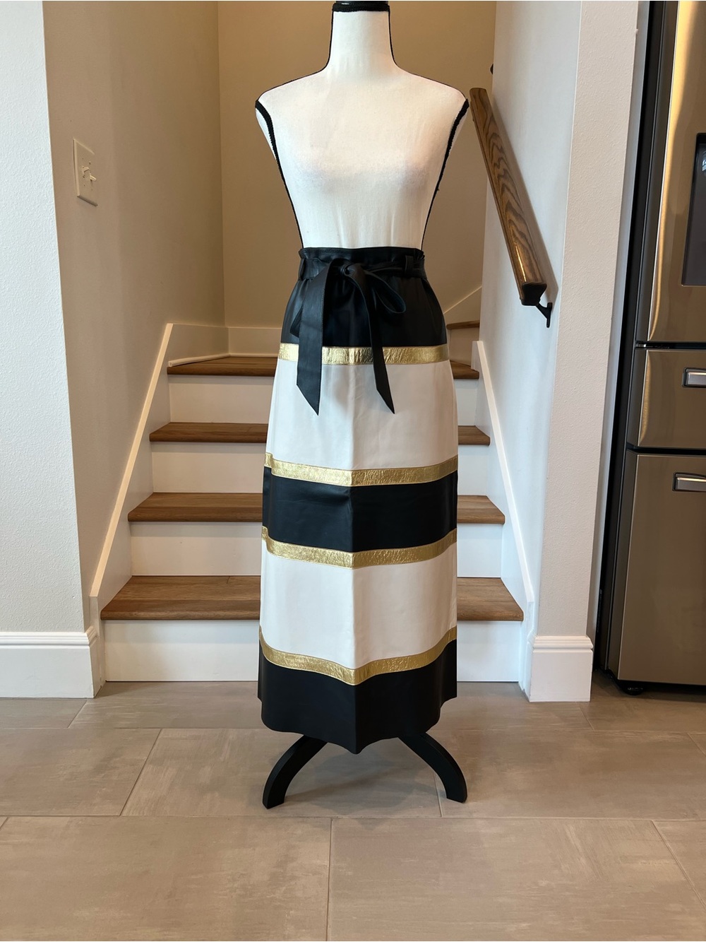 Striped Black and White Midi Leather Skirt with Gold Bands